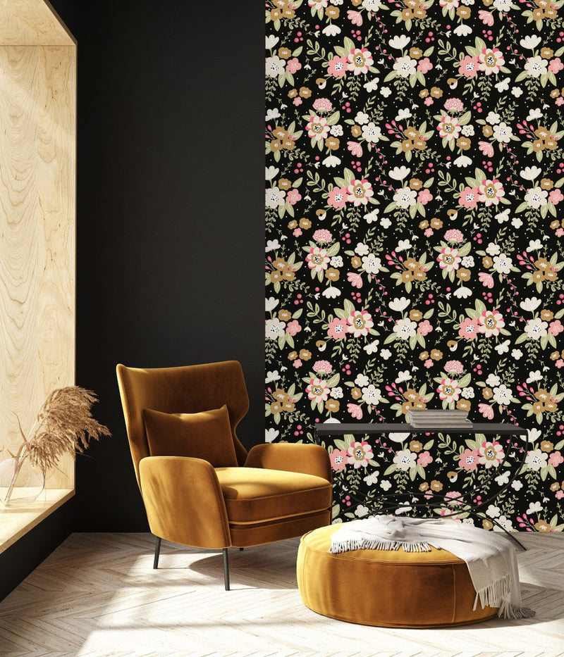 Black Floral Brightly Wallpaper
