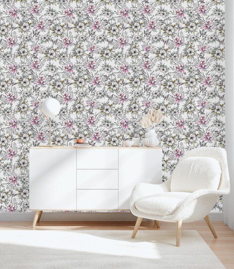 White Wallpaper with Flowers and Butterflies