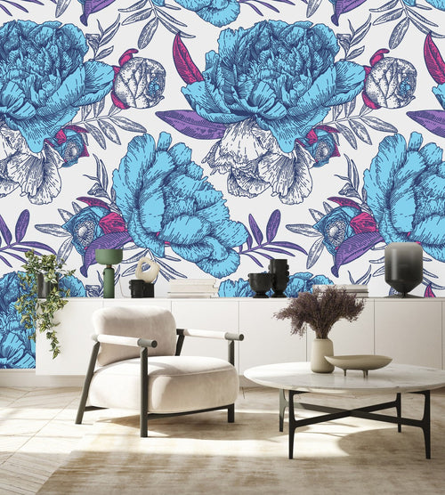 Blue Large Peonies Wallpaper