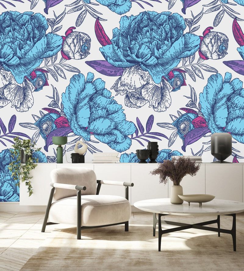 Blue Large Peonies Wallpaper