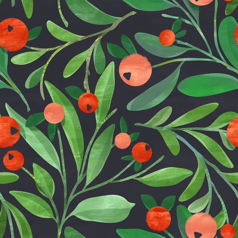 Elegant Green Leaves with Berries Wallpaper Tasteful
