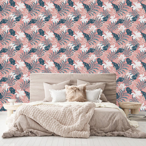 Modish Pink Wallpaper with Leaves Fashionable