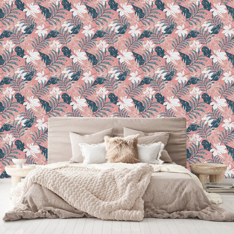 Modish Pink Wallpaper with Leaves Fashionable