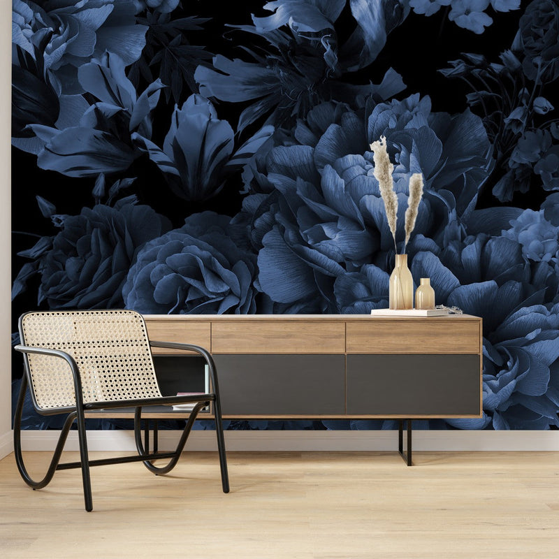 Modish Dark Blue Flowers Wallpaper