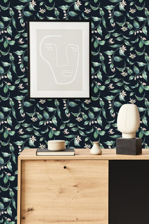Stylish Black Wallpaper with Green Leaves Vogue