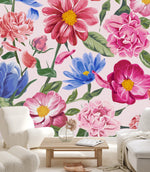 Stylish Modern Pink and Blue Flowers Wallpaper