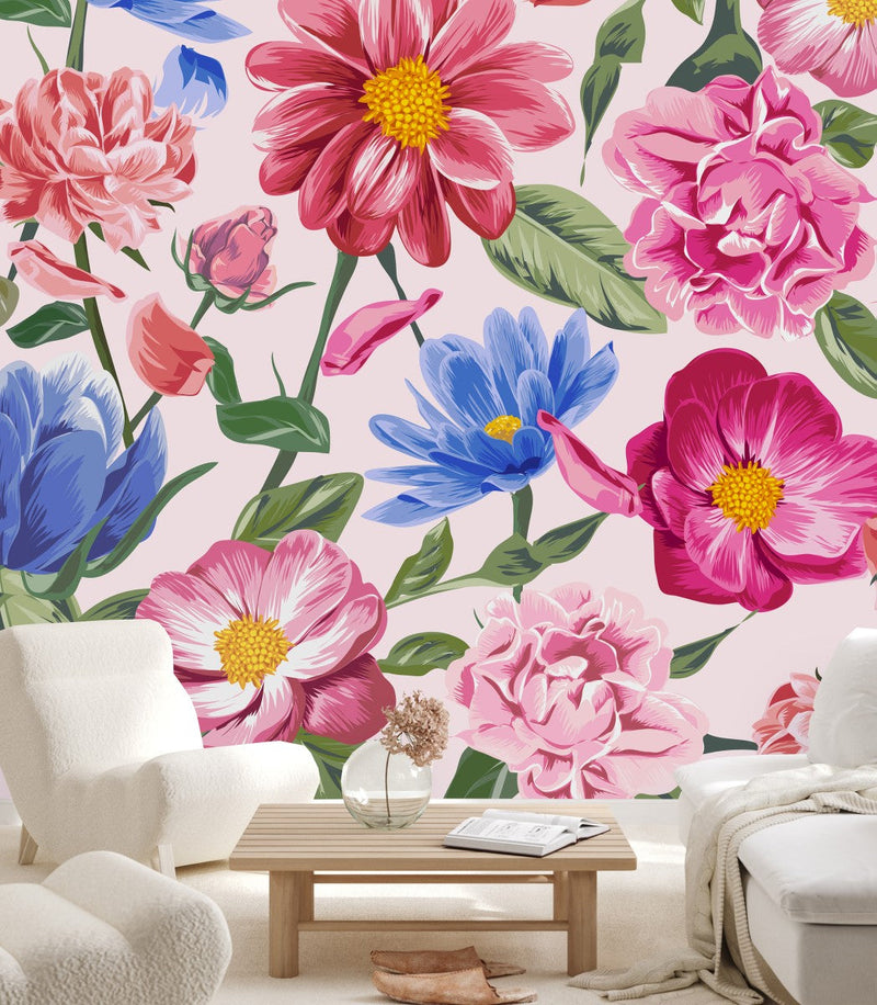 Stylish Modern Pink and Blue Flowers Wallpaper