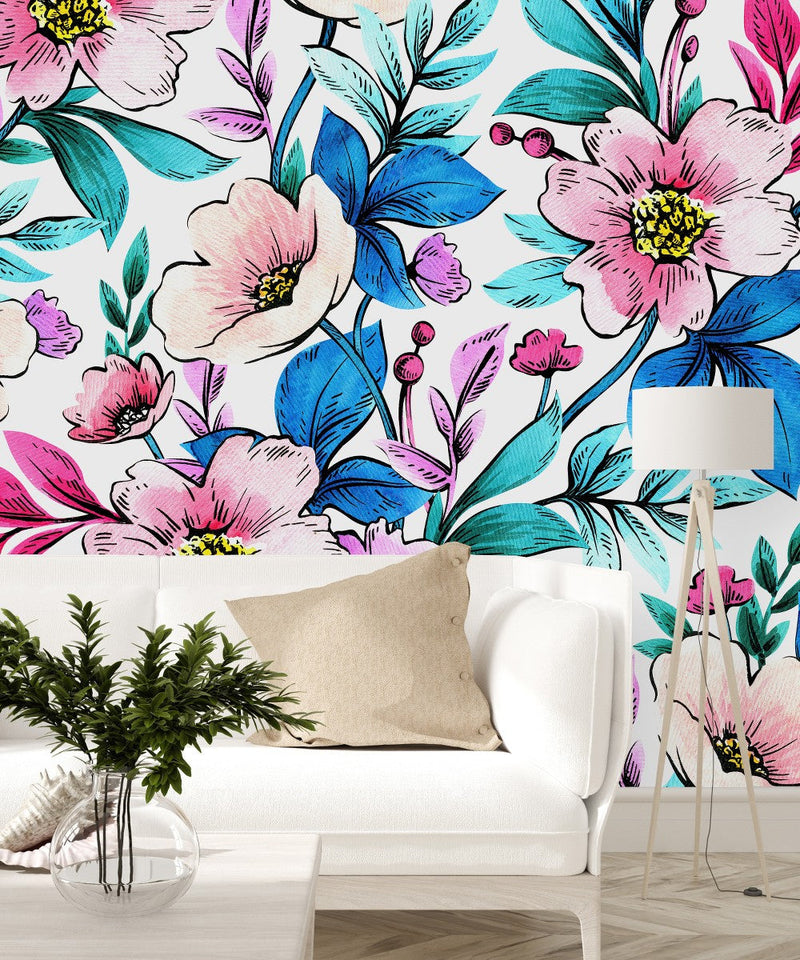 Blue Leaves Floral Wallpaper