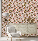 Pink Wallpaper with Brown Floral Outline