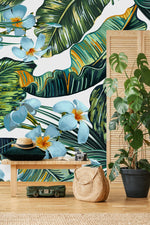 White Wallpaper with Palm Leaves and Flowers