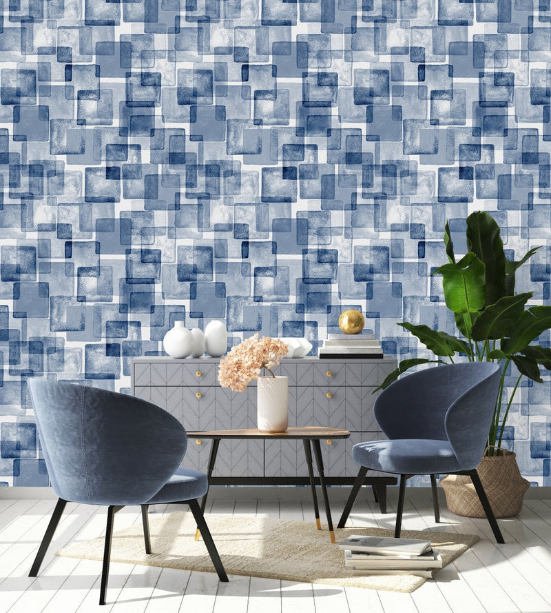 Contemporary Blue Squares Wallpaper Fashionable