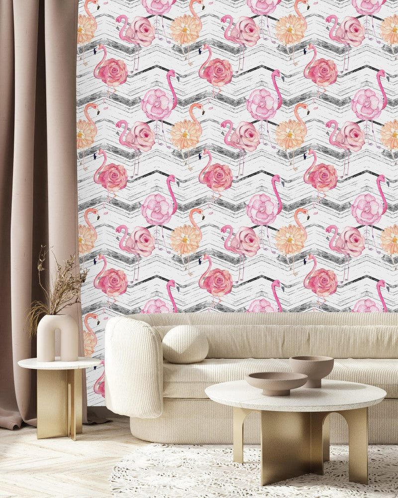 Pink Flamingos with Flowers Wallpaper