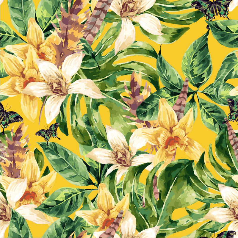 Yellow Wallpaper with Green Leaves