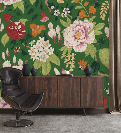 Brightly Flowers on Green Background Wallpaper
