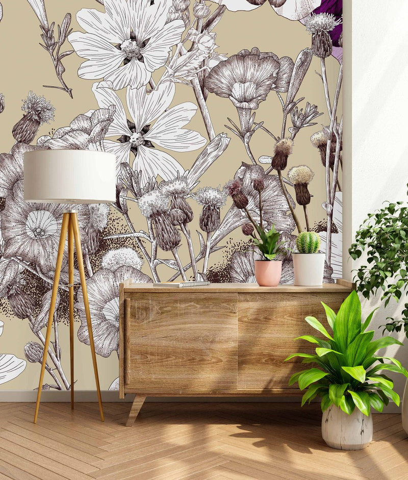 Stylish Modern Beige Floral Wallpaper