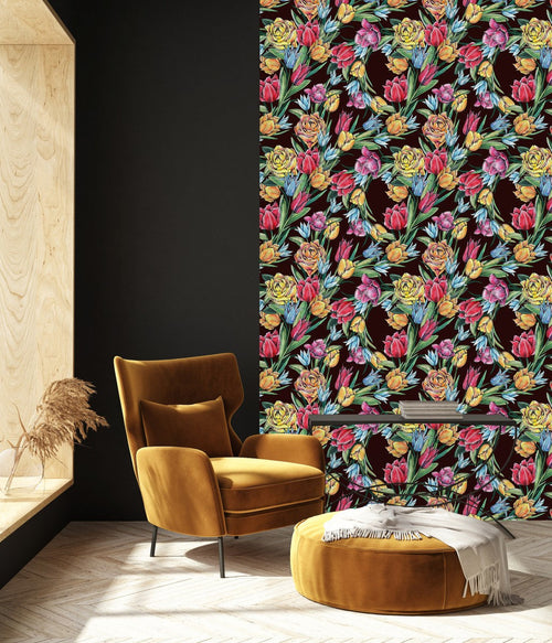 Black Wallpaper with Tulips