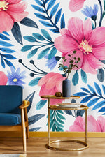 Pink Flowers with Blue Leaves Wallpaper