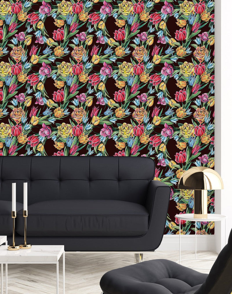 Black Wallpaper with Tulips