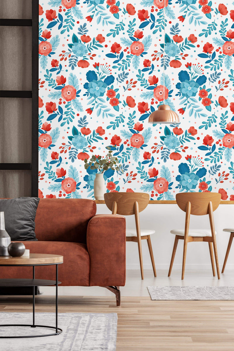Stylish Red and Blue Flowers Wallpaper Chic