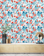 Stylish Red and Blue Flowers Wallpaper Chic