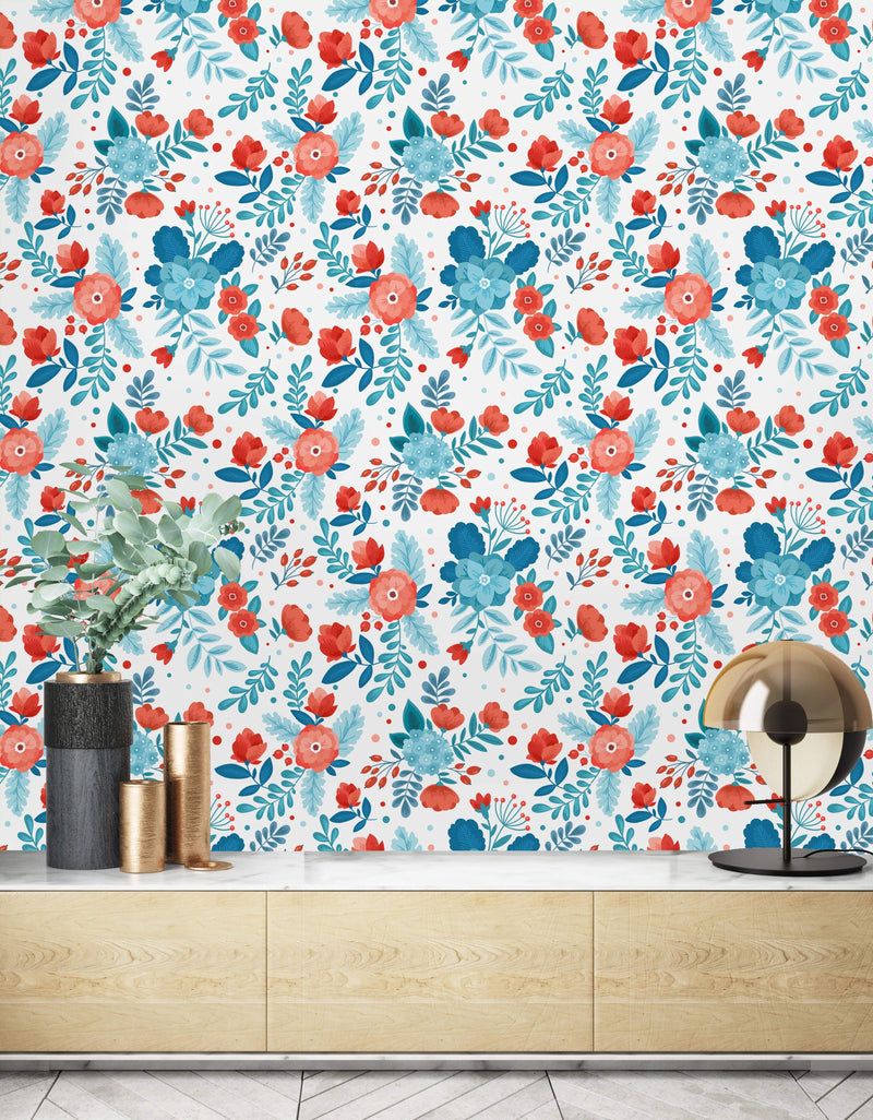 Stylish Red and Blue Flowers Wallpaper Chic