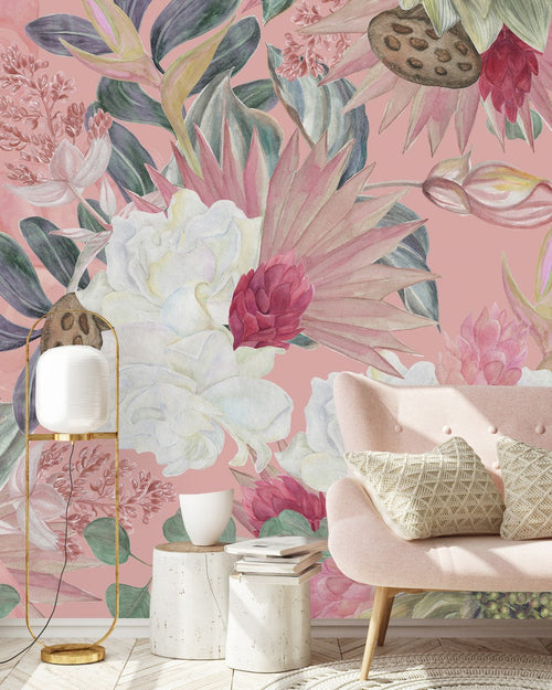 Elegant Modern Pink Wallpaper with Exotic Flowers