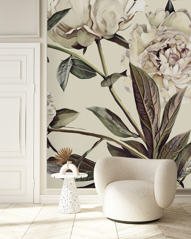 Contemporary Modern Beige Peonies Wallpaper