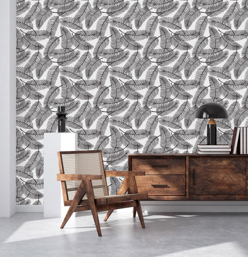 Black and White Palm  Leaves Pattern Wallpaper