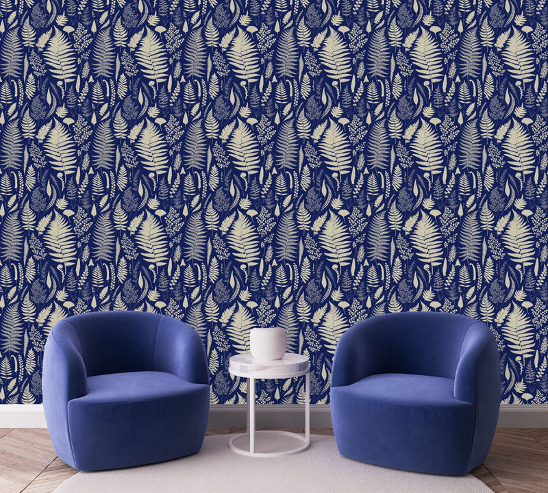 Dark Blue Wallpaper with Fern Leaves
