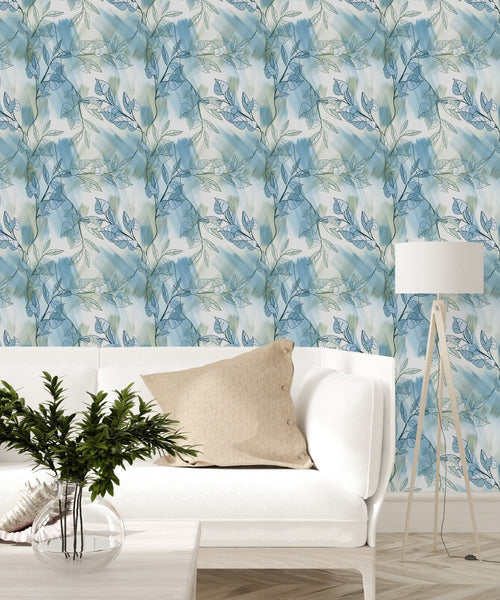 Contemporary Blue Leaves Wallpaper Tasteful