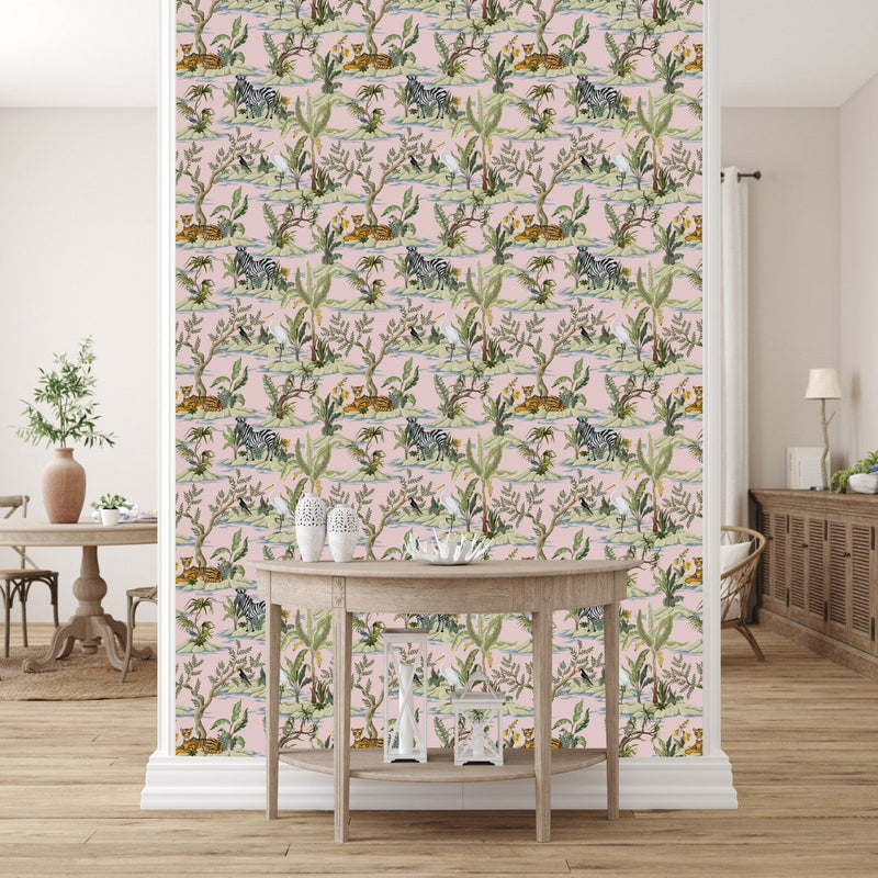 Pink Wallpaper with Wild Animals
