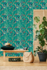 Exotic Birds on Green Wallpaper