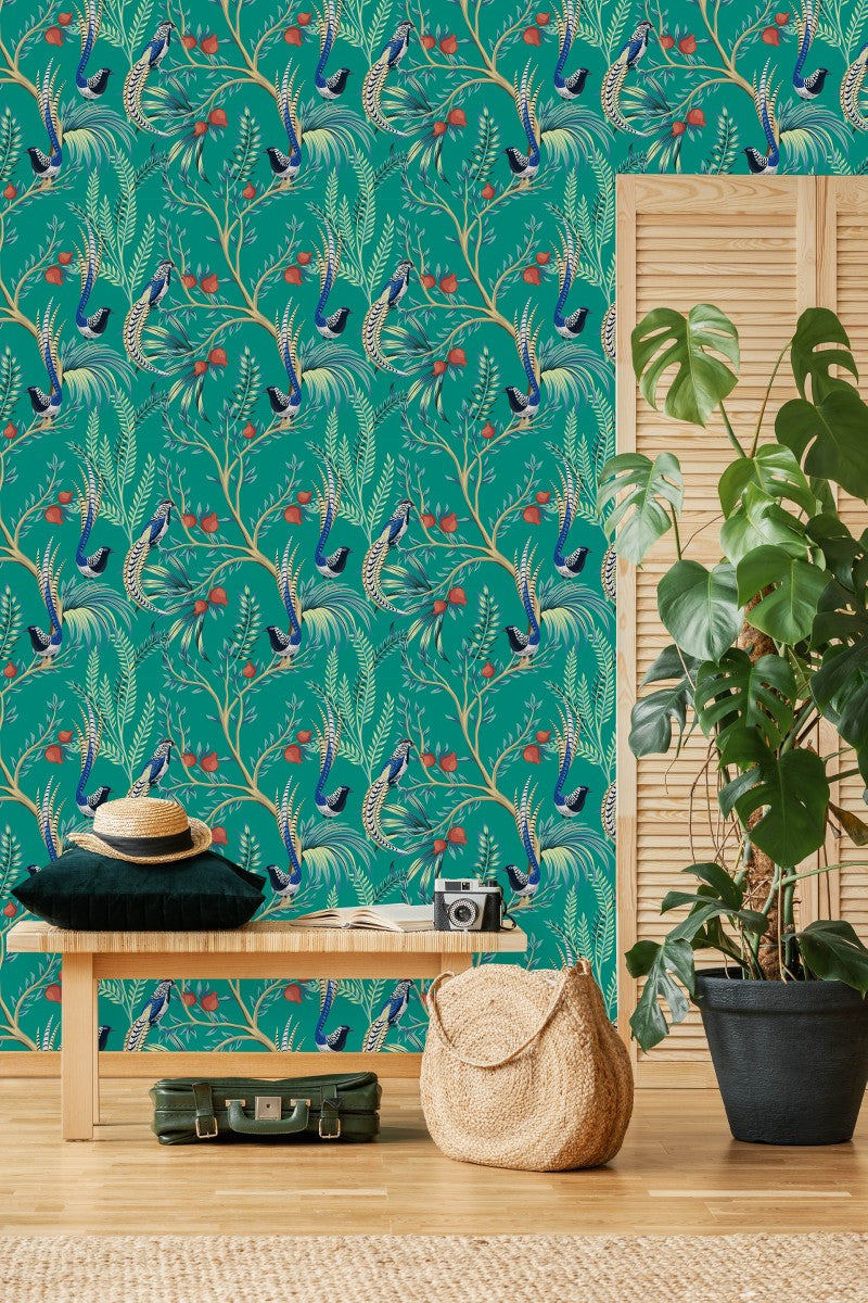 Exotic Birds on Green Wallpaper