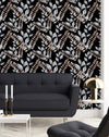 Modish Black Wallpaper with Leaves Tasteful