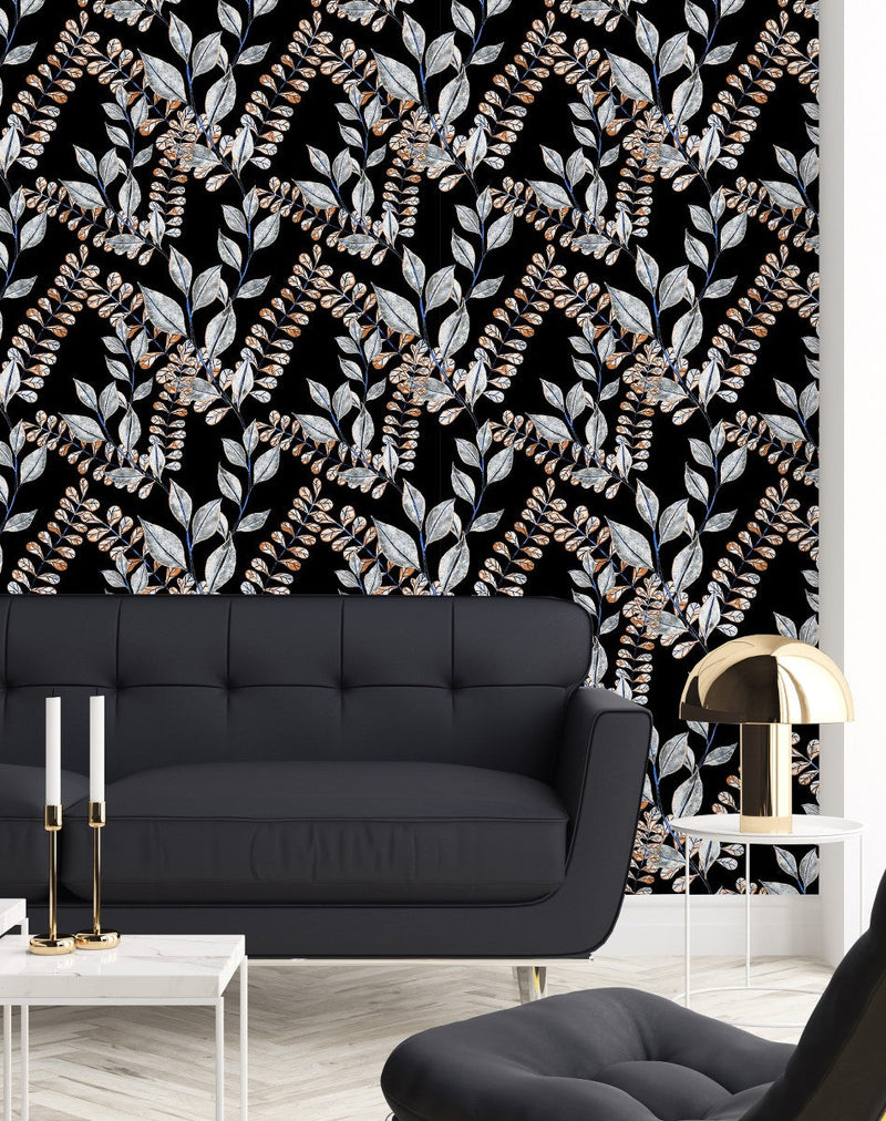 Modish Black Wallpaper with Leaves Tasteful