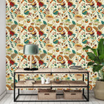 Beige Birds and Flowers Wallpaper
