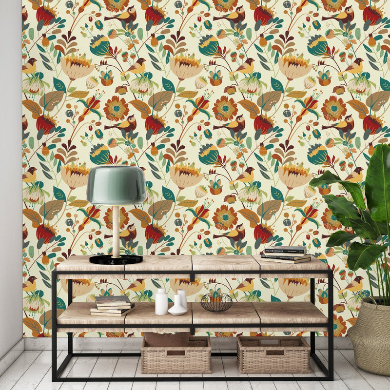 Beige Birds and Flowers Wallpaper
