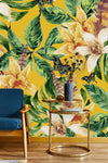 Yellow Wallpaper with Green Leaves
