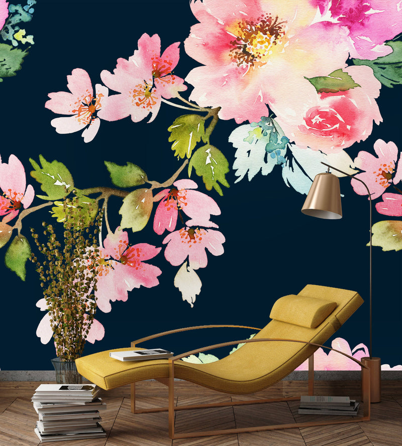 Spring Floral Watercolor on Dark Background Wallpaper Mural
