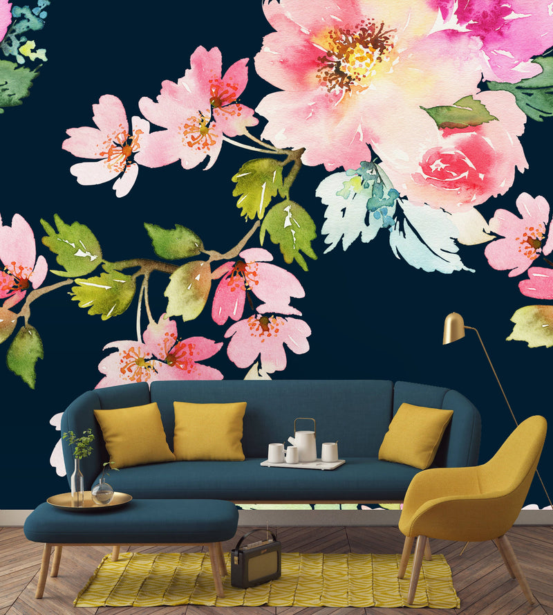 Spring Floral Watercolor on Dark Background Wallpaper Mural
