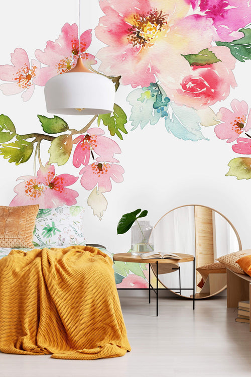 Spring Floral Watercolor on White Background Wallpaper Mural
