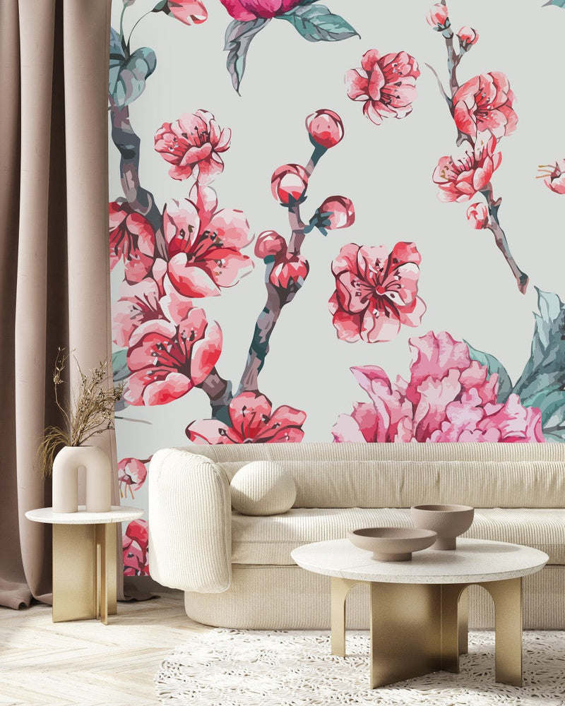 Peonies and Sakura Tree Wallpaper