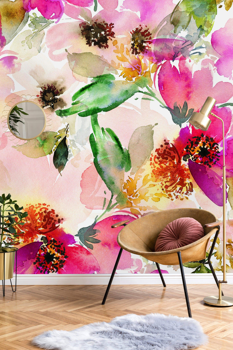 Summer Pattern with Watercolor Flowers Wallpaper Mural
