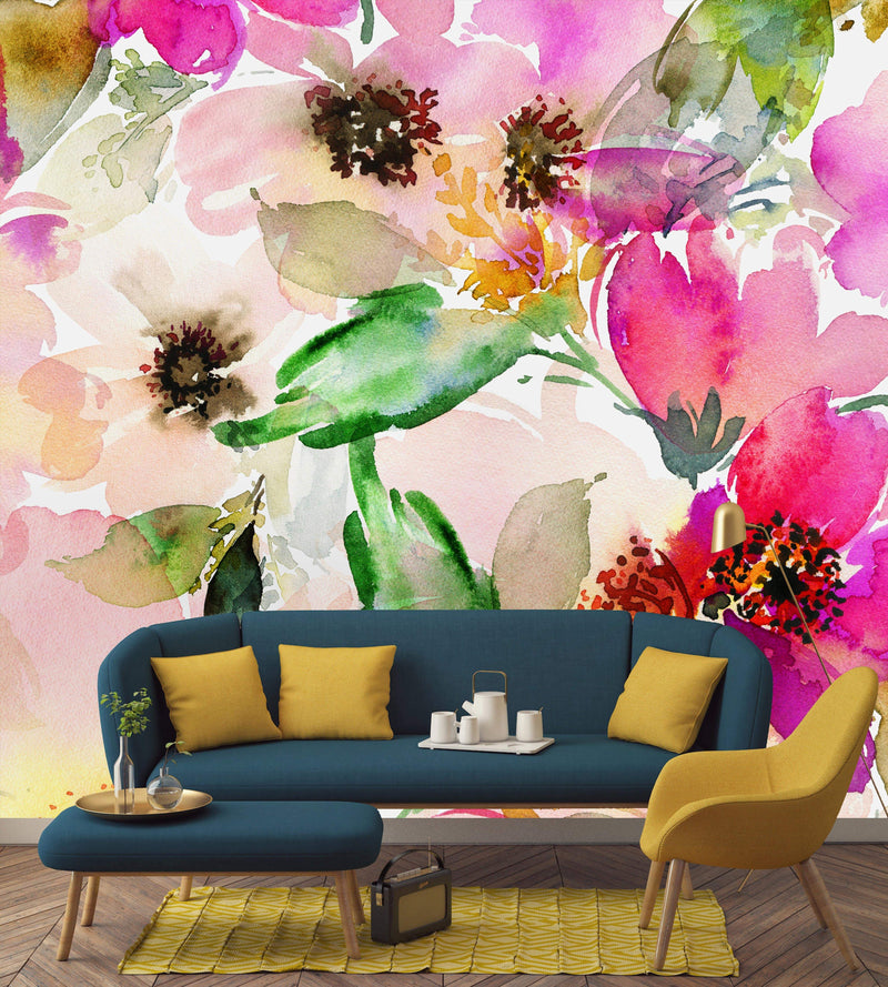 Summer Pattern with Watercolor Flowers Wallpaper Mural