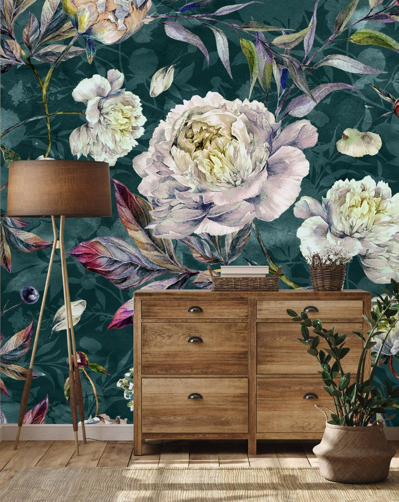White Peonies on Green Background Wallpaper