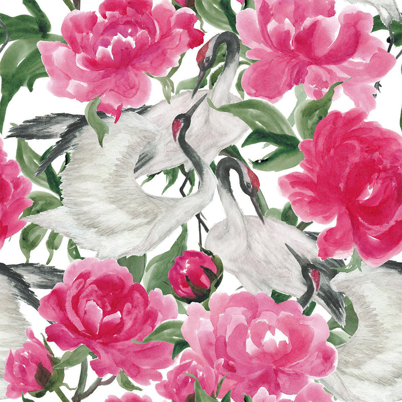 Cranes and Pink Peonies Wallpaper