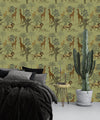 Green Wallpaper with African Animals Pattern