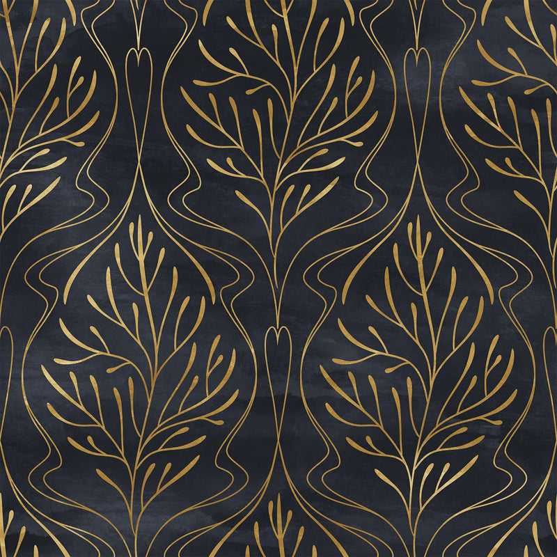 Modish Dark Wallpaper with Gold Leaves Vogue