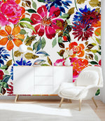 White Wallpaper with Brightly Flowers