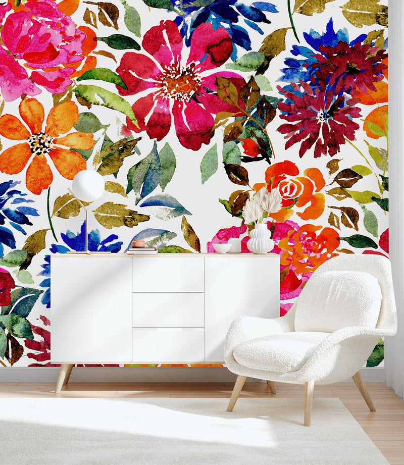 White Wallpaper with Brightly Flowers